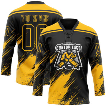 Uksn Individuelles Schwarz-Gold Diagonale Kratz-Pinselstriche Farbkleckse Eishockey-Trikot mit Schnürkragen