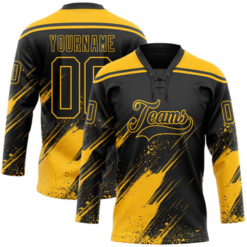 Uksn Individuelles Schwarz-Gold Diagonale Kratz-Pinselstriche Farbkleckse Eishockey-Trikot mit Schnürkragen