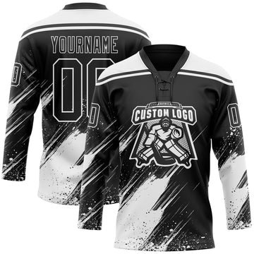 Uksn Individuelles Schwarz-Weiß Diagonale Kratz-Pinselstriche Farbkleckse Eishockey-Trikot mit Schnürkragen