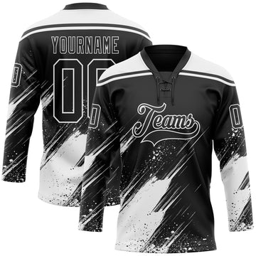 Uksn Individuelles Schwarz-Weiß Diagonale Kratz-Pinselstriche Farbkleckse Eishockey-Trikot mit Schnürkragen