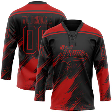 Uksn Individuelles Schwarz-Rot Diagonale Kratz-Pinselstriche Farbkleckse Eishockey-Trikot mit Schnürkragen