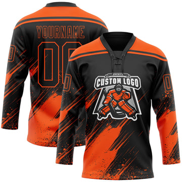 Uksn Individuelles Schwarz-Orange Diagonale Kratz-Pinselstriche Farbkleckse Eishockey-Trikot mit Schnürkragen