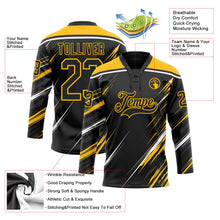 Laden Sie das Bild in den Galerie-Viewer, Uksn Individuelles Schwarz Gold-Weiß Diagonale Kratz-Pinselstriche Eishockey-Trikot mit Schnürkragen
