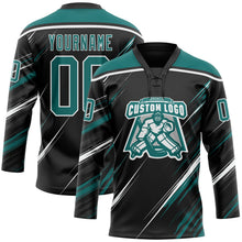 Laden Sie das Bild in den Galerie-Viewer, Uksn Individuelles Schwarz Petrol-Weiß Diagonale Kratz-Pinselstriche Eishockey-Trikot mit Schnürkragen
