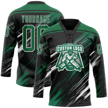 Laden Sie das Bild in den Galerie-Viewer, Uksn Individuelles Schwarz Kelly-Grün-Weiß Diagonale Kratz-Pinselstriche Eishockey-Trikot mit Schnürkragen
