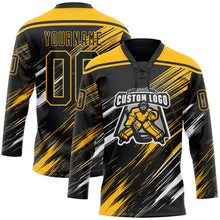 Laden Sie das Bild in den Galerie-Viewer, Uksn Individuelles Schwarz Gold-Weiß Diagonale Kratz-Pinselstriche Eishockey-Trikot mit Schnürkragen
