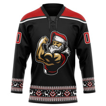 Laden Sie das Bild in den Galerie-Viewer, Uksn Individuelles Schwarz Rot-Weiß Weihnachtsmann 3D Eishockey-Trikot mit Schnürkragen
