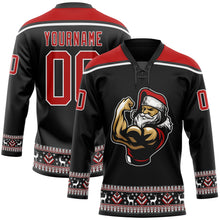Laden Sie das Bild in den Galerie-Viewer, Uksn Individuelles Schwarz Rot-Weiß Weihnachtsmann 3D Eishockey-Trikot mit Schnürkragen
