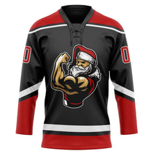 Laden Sie das Bild in den Galerie-Viewer, Uksn Individuelles Schwarz Rot-Weiß Weihnachtsmann 3D Eishockey-Trikot mit Schnürkragen
