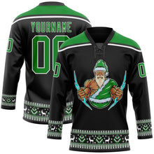 Laden Sie das Bild in den Galerie-Viewer, Uksn Individuelles Schwarz Grasgrün-Weiß Weihnachtsmann 3D Eishockey-Trikot mit Schnürkragen
