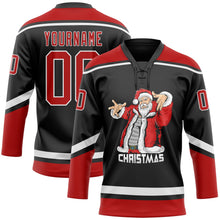Laden Sie das Bild in den Galerie-Viewer, Uksn Individuelles Schwarz Rot-Weiß Weihnachtsmann 3D Eishockey-Trikot mit Schnürkragen
