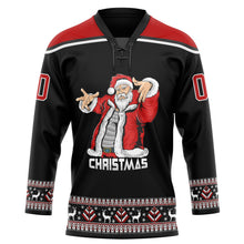 Laden Sie das Bild in den Galerie-Viewer, Uksn Individuelles Schwarz Rot-Weiß Weihnachtsmann 3D Eishockey-Trikot mit Schnürkragen
