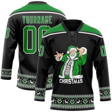 Laden Sie das Bild in den Galerie-Viewer, Uksn Individuelles Schwarz Grasgrün-Weiß Weihnachtsmann 3D Eishockey-Trikot mit Schnürkragen
