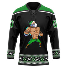 Laden Sie das Bild in den Galerie-Viewer, Uksn Individuelles Schwarz Grasgrün-Weiß Weihnachtsmann 3D Eishockey-Trikot mit Schnürkragen

