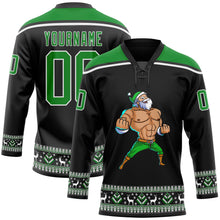 Laden Sie das Bild in den Galerie-Viewer, Uksn Individuelles Schwarz Grasgrün-Weiß Weihnachtsmann 3D Eishockey-Trikot mit Schnürkragen
