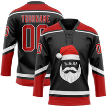 Laden Sie das Bild in den Galerie-Viewer, Uksn Individuelles Schwarz Rot-Weiß Weihnachtsmann 3D Eishockey-Trikot mit Schnürkragen
