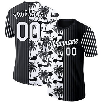 Uksn Individuelles Schwarz Weiß 3D Tropisch Hawaii Palme und Tier Flamingo Funktions-T-Shirt