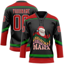 Laden Sie das Bild in den Galerie-Viewer, Uksn Individuelles Schwarz Rot-Grasgrün Lustige Weihnachten 3D Eishockey-Trikot mit Schnürkragen
