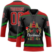 Laden Sie das Bild in den Galerie-Viewer, Uksn Individuelles Schwarz Rot-Grasgrün Lustige Weihnachten 3D Eishockey-Trikot mit Schnürkragen

