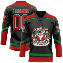 Laden Sie das Bild in den Galerie-Viewer, Uksn Individuelles Schwarz Rot-Grasgrün Lustige Weihnachten 3D Eishockey-Trikot mit Schnürkragen
