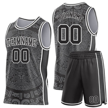 Uksn Individuelles Schwarz-Weiß Tribal Ethno Aztekischer Sonnenstein Seitenstreifen Rundhals Sublimation Basketball-Set Trikot