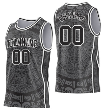 Uksn Individuelles Schwarz-Weiß Tribal Ethno Aztekischer Sonnenstein Seitenstreifen Rundhals Sublimation Basketball-Set Trikot