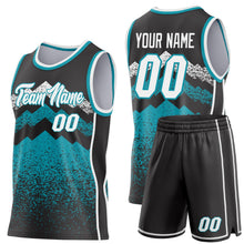 Laden Sie das Bild in den Galerie-Viewer, Uksn Individuelles Schwarz Weiß-Petrol Bergspitzen-Splitter Seitenstreifen Rundhals Sublimation Basketball-Set Trikot
