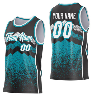 Uksn Individuelles Schwarz Weiß-Petrol Bergspitzen-Splitter Seitenstreifen Rundhals Sublimation Basketball-Set Trikot