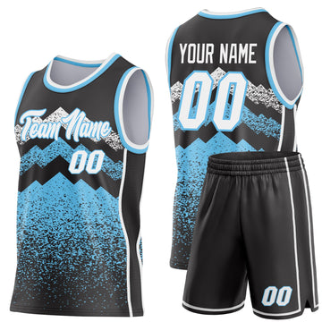 Uksn Individuelles Schwarz Weiß-Himmelblau Bergspitzen-Splitter Seitenstreifen Rundhals Sublimation Basketball-Set Trikot