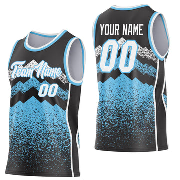 Uksn Individuelles Schwarz Weiß-Himmelblau Bergspitzen-Splitter Seitenstreifen Rundhals Sublimation Basketball-Set Trikot