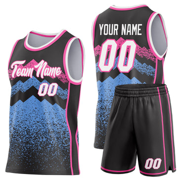 Uksn Individuelles Schwarz Weiß Hellblau-Pink Bergspitzen-Splitter Seitenstreifen Rundhals Sublimation Basketball-Set Trikot