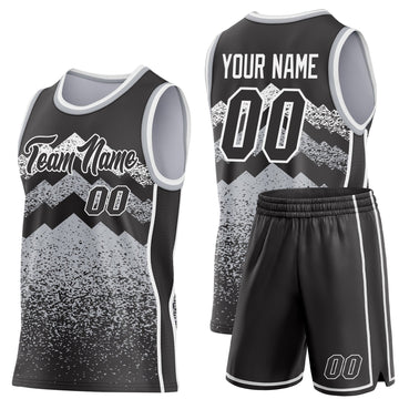 Uksn Individuelles Schwarz Grau-Weiß Bergspitzen-Splitter Seitenstreifen Rundhals Sublimation Basketball-Set Trikot