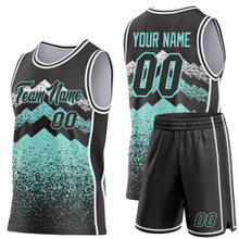 Laden Sie das Bild in den Galerie-Viewer, Uksn Individuelles Schwarz Eisblau-Weiß Bergspitzen-Splitter Seitenstreifen Rundhals Sublimation Basketball-Set Trikot
