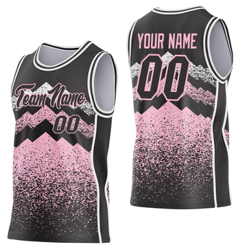 Uksn Individuelles Schwarz Hellrosa-Weiß Bergspitzen-Splitter Seitenstreifen Rundhals Sublimation Basketball-Set Trikot