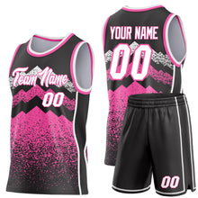 Laden Sie das Bild in den Galerie-Viewer, Uksn Individuelles Schwarz Weiß-Pink Bergspitzen-Splitter Seitenstreifen Rundhals Sublimation Basketball-Set Trikot
