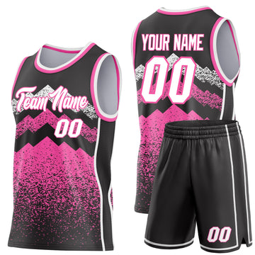 Uksn Individuelles Schwarz Weiß-Pink Bergspitzen-Splitter Seitenstreifen Rundhals Sublimation Basketball-Set Trikot