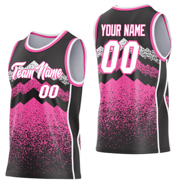 Uksn Individuelles Schwarz Weiß-Pink Bergspitzen-Splitter Seitenstreifen Rundhals Sublimation Basketball-Set Trikot