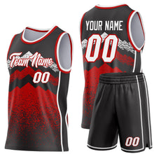 Laden Sie das Bild in den Galerie-Viewer, Uksn Individuelles Schwarz Weiß-Rot Bergspitzen-Splitter Seitenstreifen Rundhals Sublimation Basketball-Set Trikot
