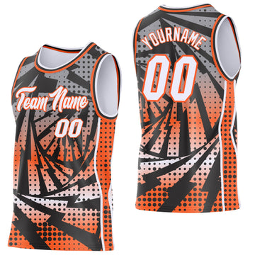 Uksn Individuelles Schwarz Weiß-Orange Blitz-Verlaufspunkt Seitenstreifen Rundhals Sublimation Basketball-Set Trikot