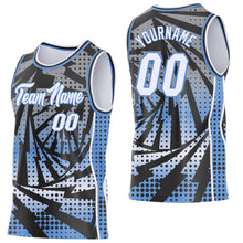 Laden Sie das Bild in den Galerie-Viewer, Uksn Individuelles Schwarz Weiß-Hellblau Blitz-Verlaufspunkt Seitenstreifen Rundhals Sublimation Basketball-Set Trikot
