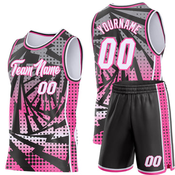 Uksn Individuelles Schwarz Weiß-Pink Blitz-Verlaufspunkt Seitenstreifen Rundhals Sublimation Basketball-Set Trikot