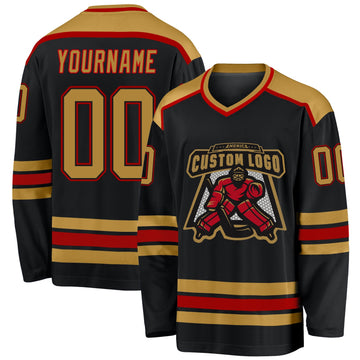 Uksn Individuelles Schwarz Altgold-Rot Eishockey-Trikot