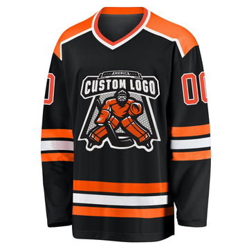 Uksn Individuelles Schwarz Orange-Weiß Eishockey-Trikot