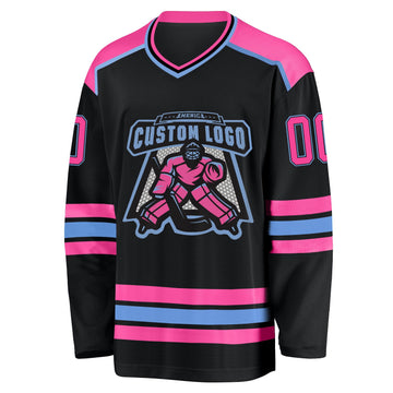 Uksn Individuelles Schwarz Pink-Hellblau Eishockey-Trikot