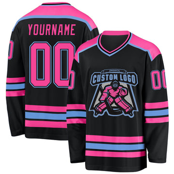 Uksn Individuelles Schwarz Pink-Hellblau Eishockey-Trikot