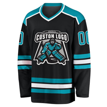 Uksn Individuelles Schwarz Petrol-Weiß Eishockey-Trikot