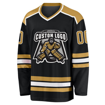 Uksn Individuelles Schwarz Altgold-Weiß Eishockey-Trikot