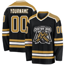 Laden Sie das Bild in den Galerie-Viewer, Uksn Individuelles Schwarz Altgold-Weiß Eishockey-Trikot
