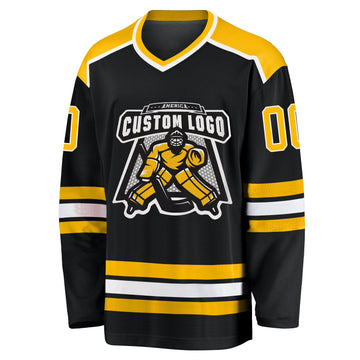 Uksn Individuelles Schwarz Gold-Weiß Eishockey-Trikot