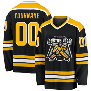 Uksn Individuelles Schwarz Gold-Weiß Eishockey-Trikot